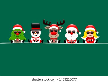 Dark Green Card Tree Snowman Reindeer Santa And Angel With Sunglasses