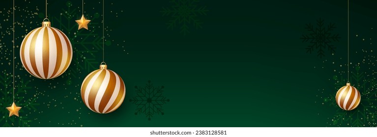 Dark green christmas background with christmas balls, star decorations and gold confetti. Holiday banner design with text space. Vector illustration