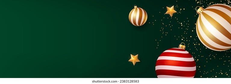 Dark green christmas background with christmas balls, star decorations and gold confetti. Holiday banner design with text space. Vector illustration