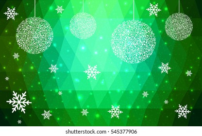 Dark Green christmas postcard low polygon background. Vector illustration consisting of triangles. Abstract triangular polygonal origami or crystal design of New Year celebration.