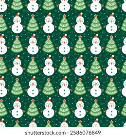 Dark Green Christmas tree and white snowman seamless pattern. New year pattern for wrapping paper, fabric, card