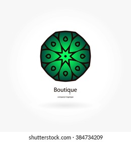 Dark green circular logo for boutique, flower shop, business, interior. Company mark, emblem, element. Simple geometric mandala logotype. Kaleidoscope big bud. Surround abstract blossom.