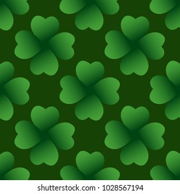 Dark green clover leaves vector seamless pattern. Nature spring background. Irish traditional St. Patrick's day design element.