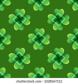 Dark green clover leaves vector seamless pattern. Nature spring background. Irish traditional St. Patrick's day design element.