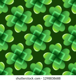 Dark green clover leaves vector seamless pattern. Nature spring background. Irish traditional St. Patrick's day design element.