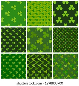 Dark green clover leaves vector seamless patterns set. Nature spring background. Irish traditional St. Patrick's day design elements.