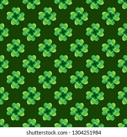 Dark green clover leaves vector seamless pattern. Nature spring background. Irish traditional St. Patrick's day design element.