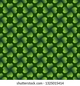 Dark green clover leaves vector seamless pattern. Nature spring background. Irish traditional St. Patrick's day design element.