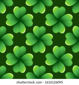 Dark green clover leaves vector seamless pattern. Nature spring background. Irish traditional St. Patrick's day design element.