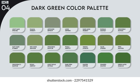 Dark Green Color Guide Palette with Color Names. Catalog Samples Green with RGB HEX codes and Names. Metal Colors Palette Vector, Wood and Plastic Green Color Palette, Fashion Trend Green Color