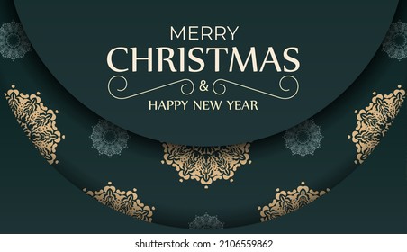 Dark green color Happy New Year greeting card template with abstract yellow pattern
