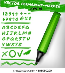 Dark green color open permanent marker pen, handwritten digits set, numerals, figure and alphabet check sign, plus, line.Vector felt-pen illustration 
