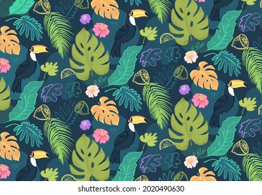 Dark green color pattern decoration with tropical flowers, leaves and toucan bird