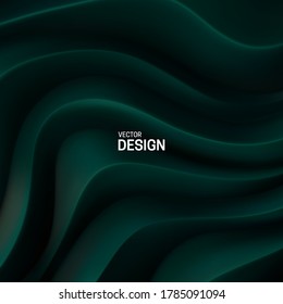 Dark green curvy pattern surface. Vector 3d illustration. Abstract futuristic background. Minimalist geometric cover design. Warped stripes. Topography relief. Elegant backdrop.