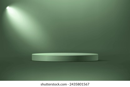 Dark Green cylinder pedestal podium. Green empty room. Empty room with spotlight effect. Use for product display presentation, cosmetic display mockup, showcase, media banner, etc. Vector illustration
