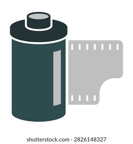 A dark green cylindrical camera film canister sits next to a cut strip of photographic negative paper with sprocket holes. Ideal for photography, cinema, and darkroom concepts.