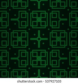 Dark green decorative seamless pattern in tribal style. Colorful, graphic design for surface, fabric, curtain or other purpose. Vector background.