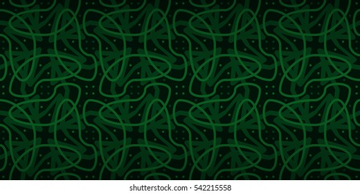 Dark green decorative seamless pattern in tribal style. Compound mosaic repeatable backdrop. Bright, graphic design for web, game, fabric or other purpose.