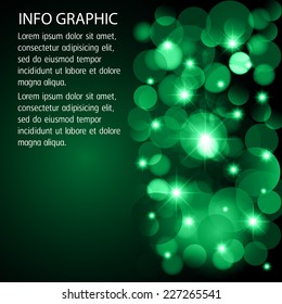 Dark green Defocused Light, Flickering Lights, Vector abstract festive background with bokeh defocused lights. text box. card. Brochure. 