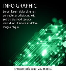Dark green Defocused Light, Flickering Lights, Vector abstract festive background with bokeh defocused light. text box. card. Brochure. Abstract Technology background for computer graphic.
