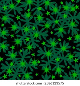 Dark Green Design Pattern Made Up of  Snowflakes, Glitters And Stars. Can be used as a pattern for fabric, cushion, carpe, bag, phone case or as a background for events, or as a christmas decor.