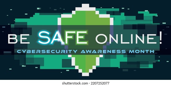 Dark And Green Design With Pixelated Shield Promoting Online  Safety During Cybersecurity Awareness Month In October.