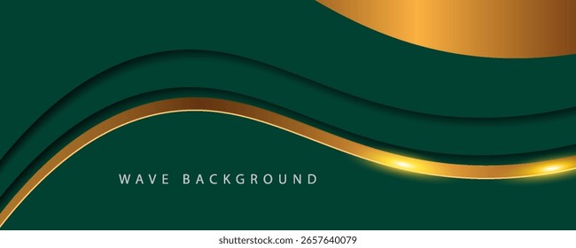 Ondas de arte digital verde escuro com luz dourada no meio, fundo de design para design de elementos. Ilustração vetorial