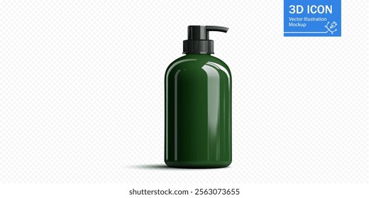 A dark green dispenser bottle with a pump cap stands alone on a light background. It is ideal for presenting cosmetic or cleaning solutions in a professional manner.