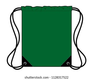 Dark Green Drawstring Bag With Black Rope Design On White Background, Flat Lay, Vector File.