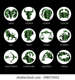 Dark green emerald geometric polygon zodiac signs and icons