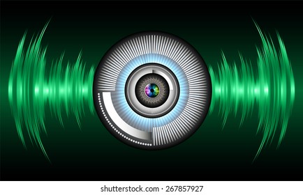 dark green eyeball future technology, security concept background. vector. Light Technology background for computer graphic website internet business. circuit. sound wave. eye