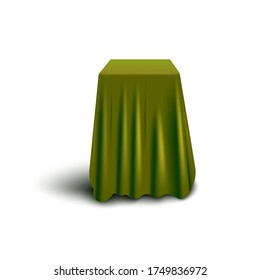 Dark green fabric covering cube shaped tall object - curtain cover isolated on white background. Mystery item hidden by silk drapery - vector illustration.