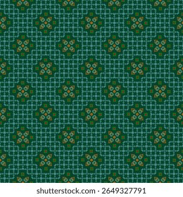 a dark green fabric pattern with small squares and floral motifs arranged in a grid, suitable for textiles and designs that evoke a folk or retro feel.