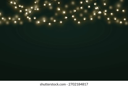 Dark green festive background with realistic light bulb garlands. Christmas and new year backdrop, vector illustration.