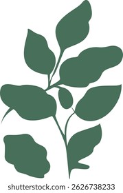 Dark green flat foliage design, showing multiple leaves on stem. Perfect for nature concepts and eco-friendly visual elements.