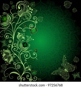 Dark green floral frame with flowers and butterflies (vector EPS 10)