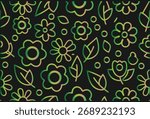 Dark Green Floral Seamless Pattern with Line Art Flowers Vector