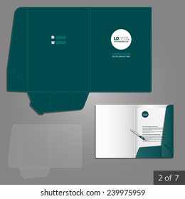 Dark green folder template design for company with circle. Element of stationery.