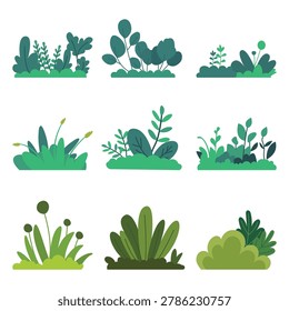 Dark green forest bushes set. Minimalist flat vector illustration of thick grass, wild shrubs and foliage patches.
