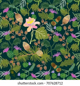 Dark green forest. Seamless vector pattern with Victorian and oriental motifs. Floral print with pine branches, acorns, thistles and flowers. Vintage textile collection.