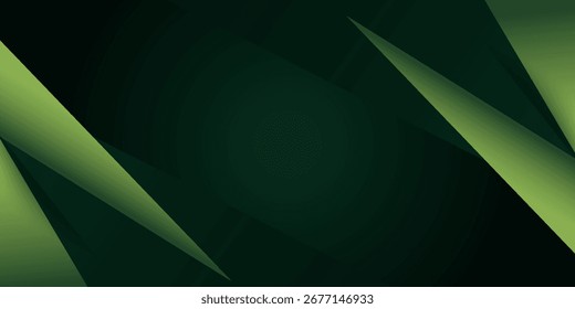 Fundo de Gradiente Abstrato Geométrico Verde Escuro. Fundo abstrato moderno com formas geométricas nítidas e gradiente verde suave em um fundo escuro. Design elegante e elegante, apresentações, cartazes