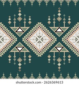 Dark Green Geometric Ethnic traditional seamless, Aztec, Tribal, Hmong, Native American Indian, pattern design for wrap, carpet, decorative illusions