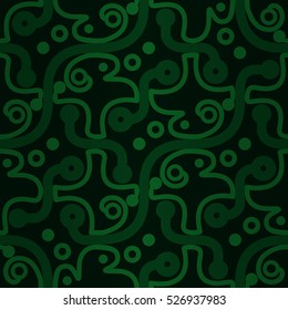 Dark green geometrical seamless pattern background in tribal style. Contemporary texture. Compound tessellated repeatable backdrop. Vivid, symmetrical design for curtain, fabric, web or other purpose.