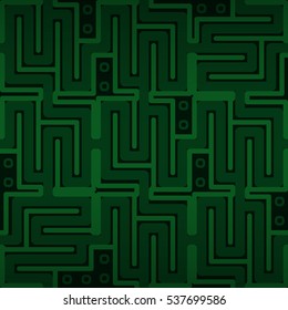 Dark green geometrical seamless pattern in labyrinth style. Vivid, graphic design for banner, ads, textile or other purpose.