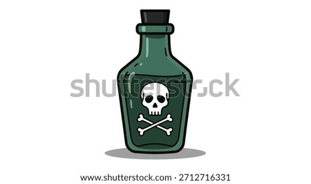 A dark green glass bottle with a black stopper, containing a liquid and displaying a skull and crossbones symbol.