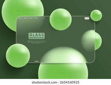 Dark green glassmorphism layout with vibrant lime green spheres, creating a fresh and eco-modern visual.