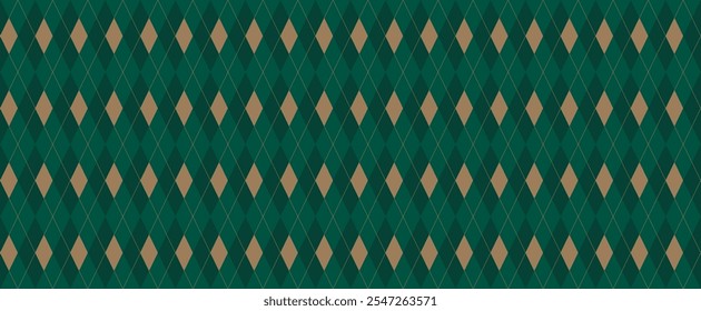 Dark Green and Gold Argyle Vector Pattern. Christmas Background. Emerald and Gold Diamonds with Gold Accent Lines. Seamless Pattern Tile.