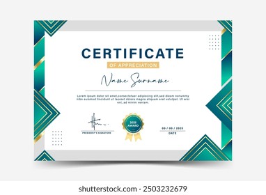 Plantilla de certificado de logro de efecto geométrico verde oscuro y dorado.abstract.eps 10