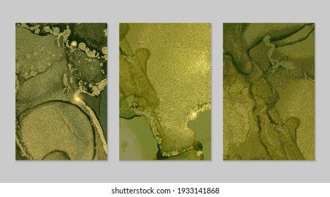 Dark green and gold pattern with texture of geode and sparkles. Abstract vector background in alcohol ink technique. Modern paint with glitter. Set of backdrops for banner, poster design. Fluid art