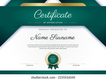 Modelo de certificado de apreciación de color verde oscuro y oro premium. Ilustración de vectores para necesidades empresariales y educativas multipropósito